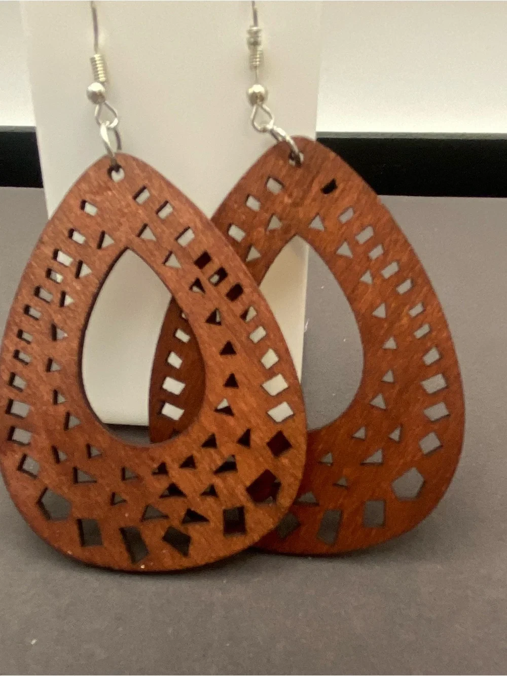 Wooden Teardrop and Tree Cutout Dangle Earrings - Brown